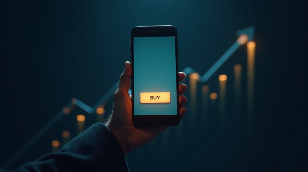 Smartphone com tela de checkout de e-commerce e gráfico de crescimento ao fundo, representando compras online no Brasil